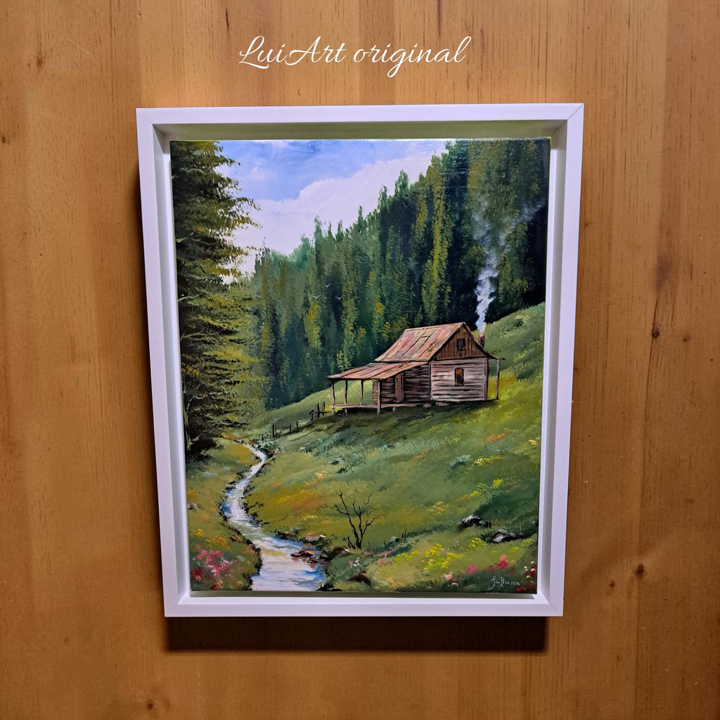 Pintura Acrílica original "Cabaña en la colina"