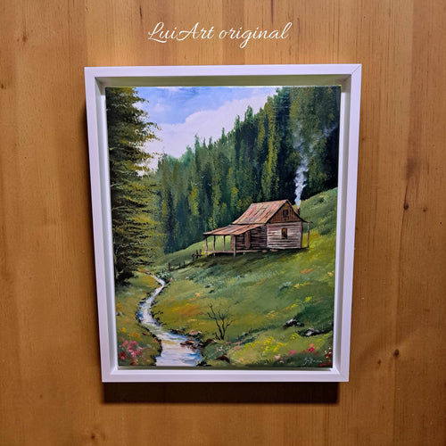 Pintura Acrílica original "Cabaña en la colina"